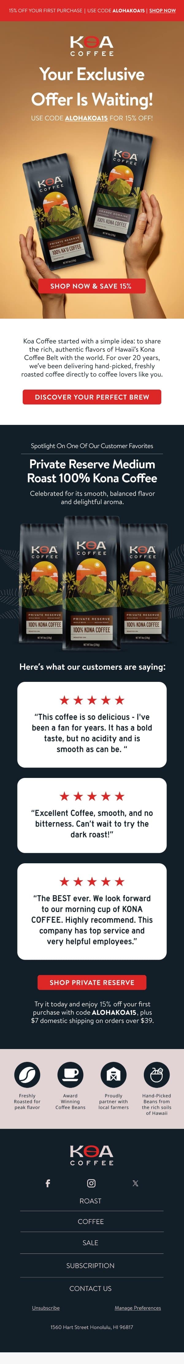 Don’t Forget Your 15% Off! email from Koa Coffee screenshot