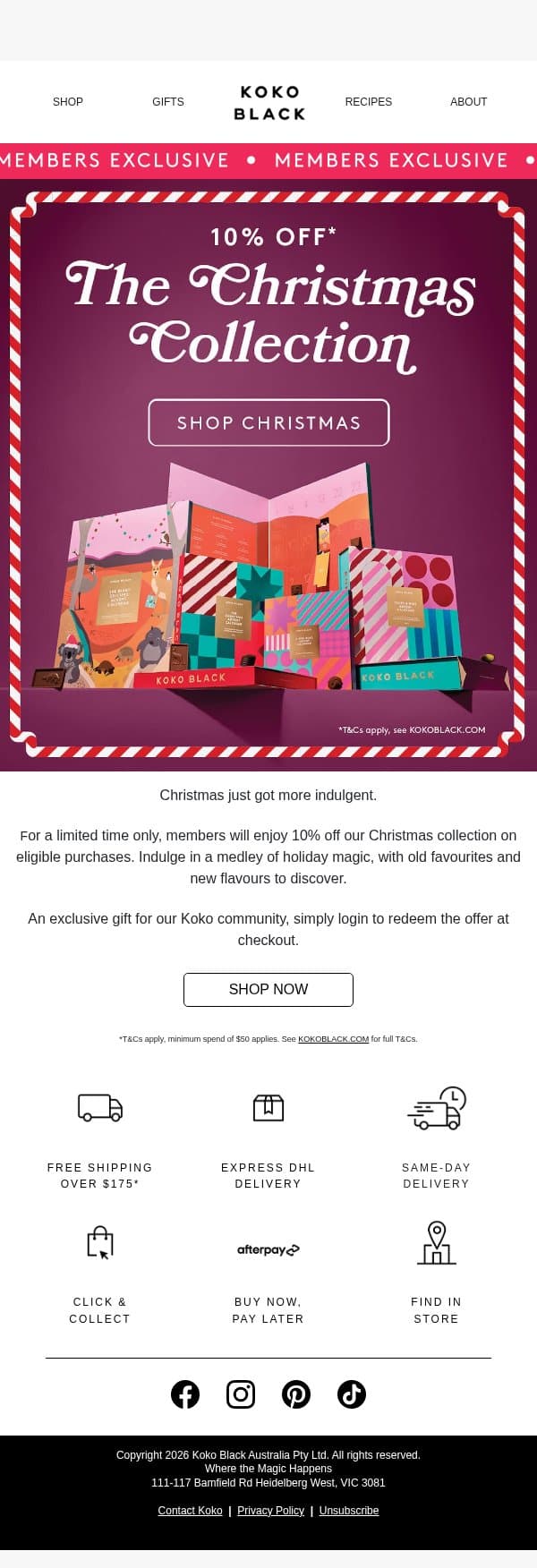 10% off Christmas Collection email from Koko Black screenshot