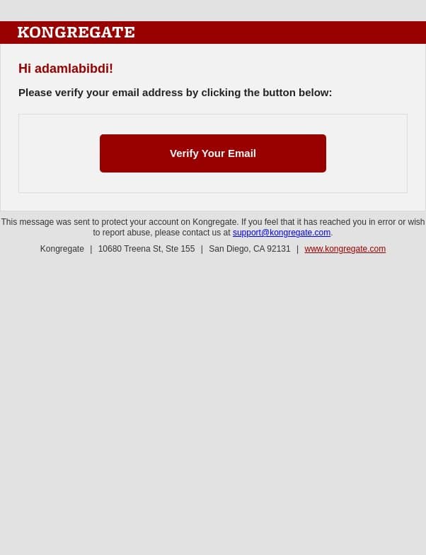 Please verify your Kongregate account email address for adamlabibdi email from Kongregate screenshot