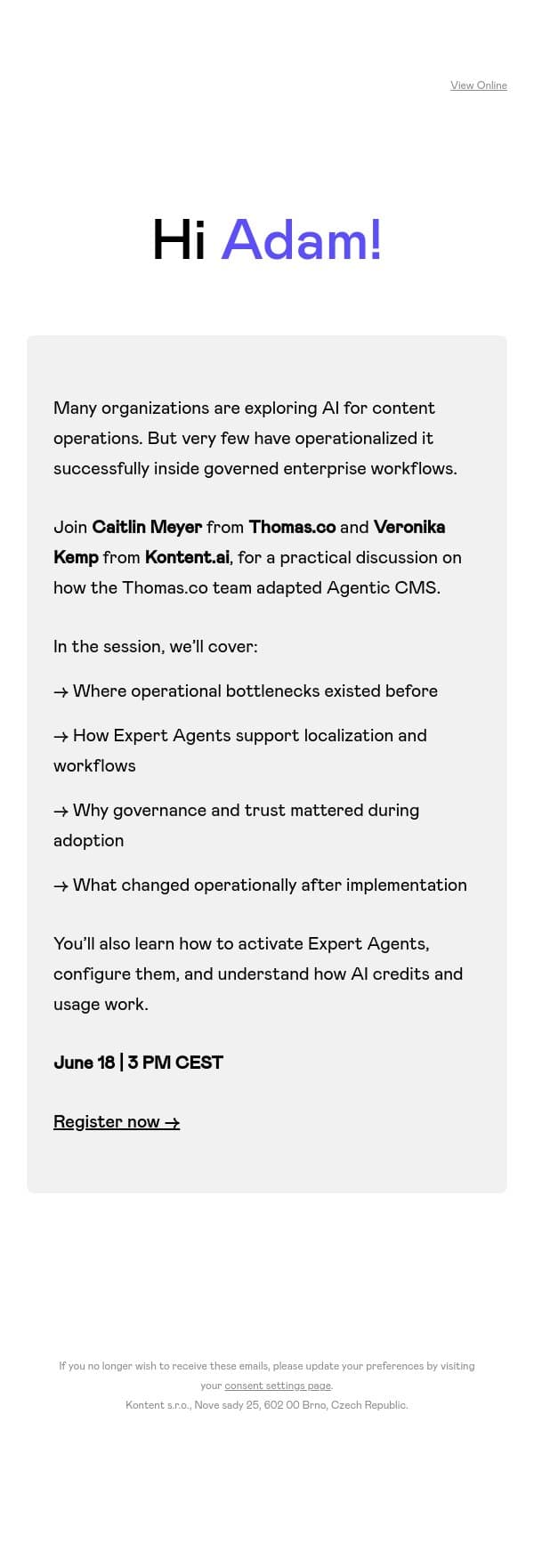 “The 70% gain didn’t come from speed alone: it came from trust.” email from Kontent.ai screenshot