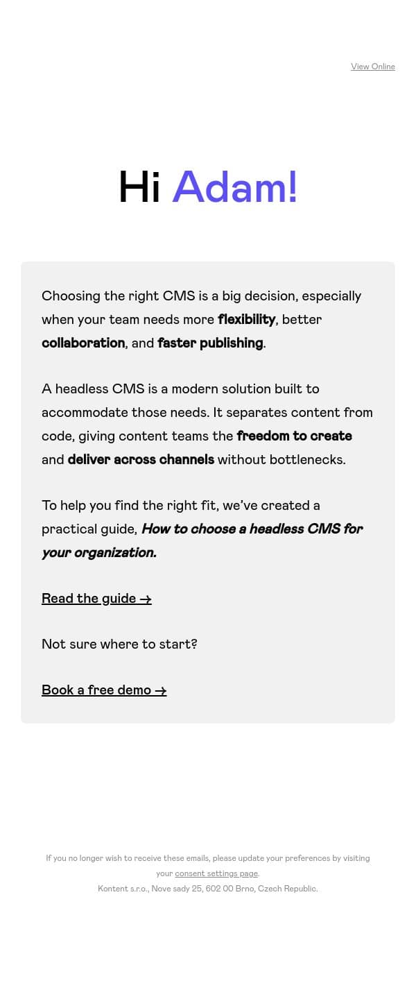 Choosing the right headless CMS? Start here. email from Kontent.ai screenshot
