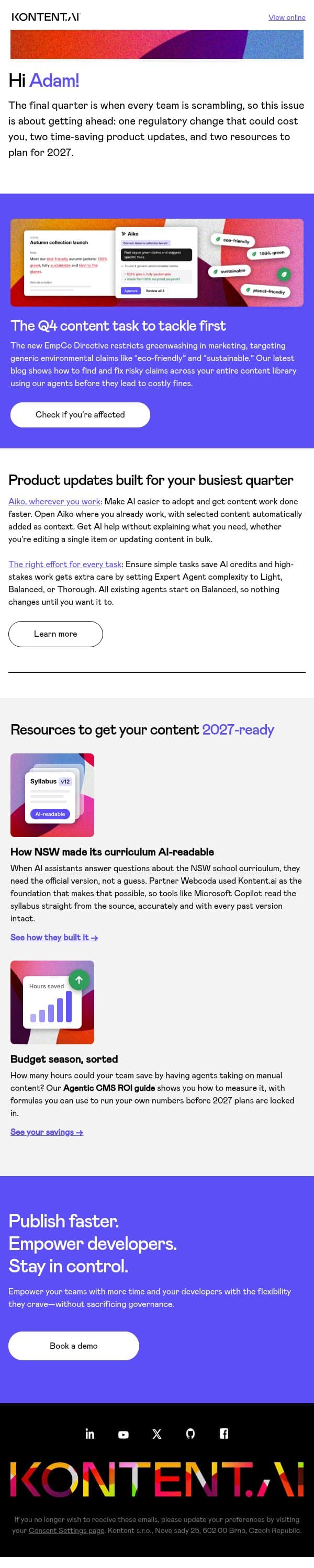 One Q4 content task that can't wait email from Kontent.ai screenshot