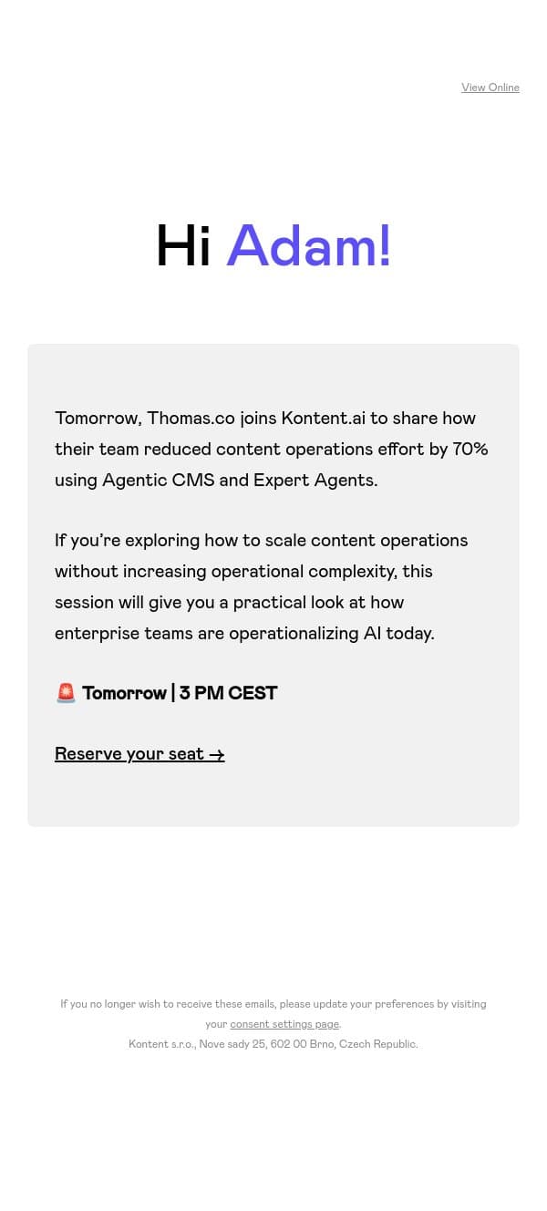 Last chance to join tomorrow’s Thomas.co customer webinar email from Kontent.ai screenshot