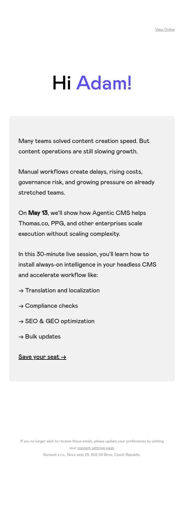Your content operations are becoming the next growth bottleneck email from Kontent.ai screenshot
