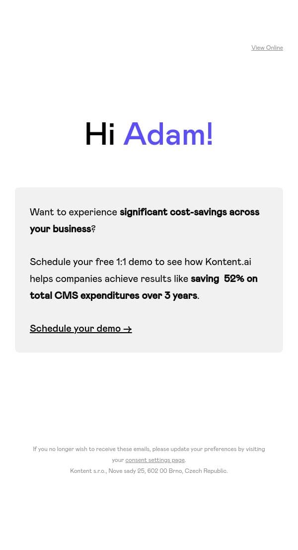 Save 52% on total CMS expenditures over 3 years in MigmaAI email from Kontent.ai screenshot