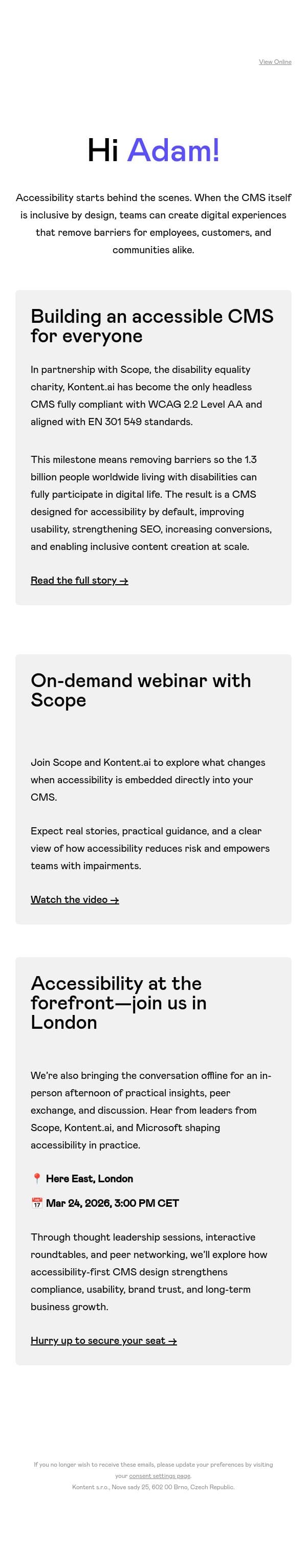 The only fully accessible headless CMS email from Kontent.ai screenshot