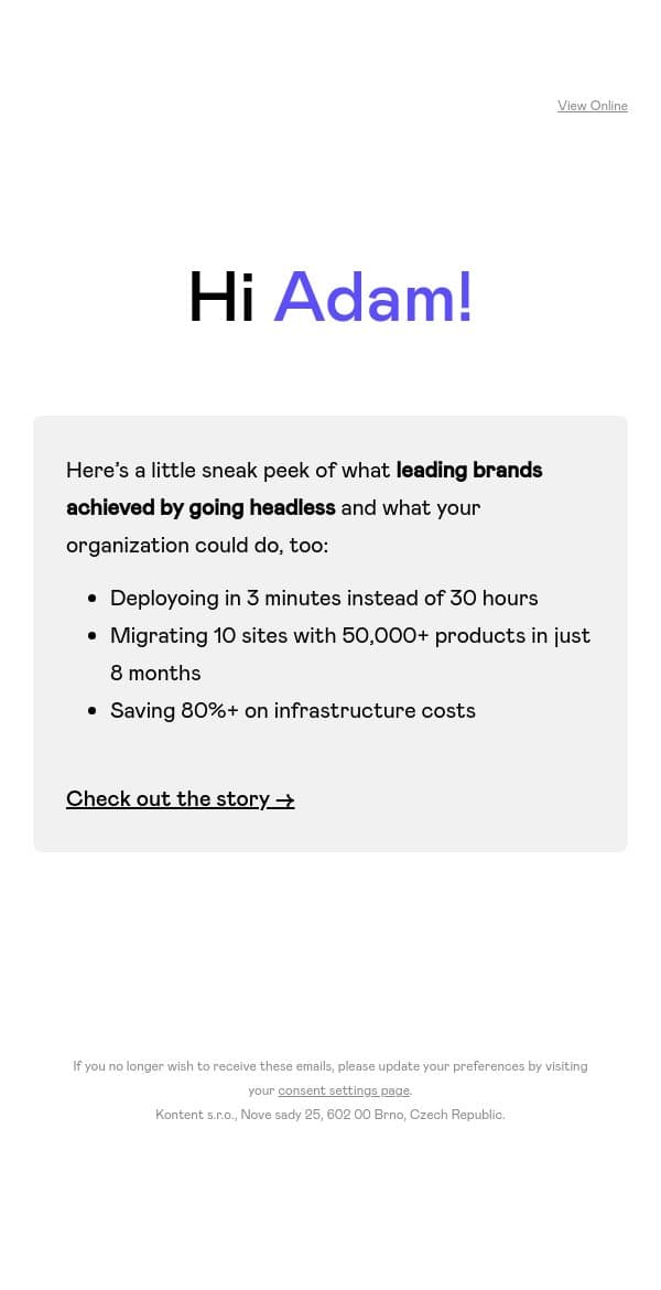 Deploy in 3 minutes with Kontent.ai like other leading brands email from Kontent.ai screenshot