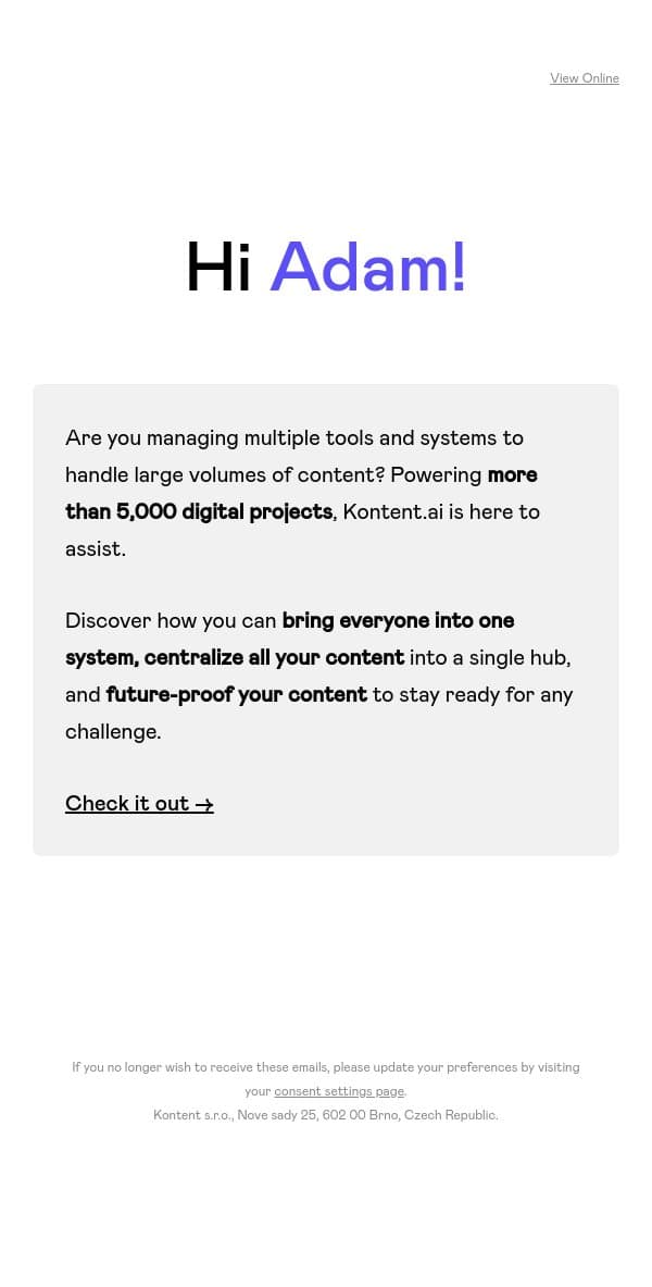 𤯠Managing large volumes of content? Hereās the solution email from Kontent.ai screenshot