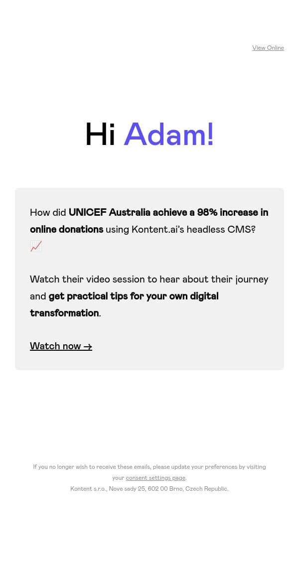 Transforming websites with Kontent.ai: Learn from UNICEF Australia’s success story! email from Kontent.ai screenshot