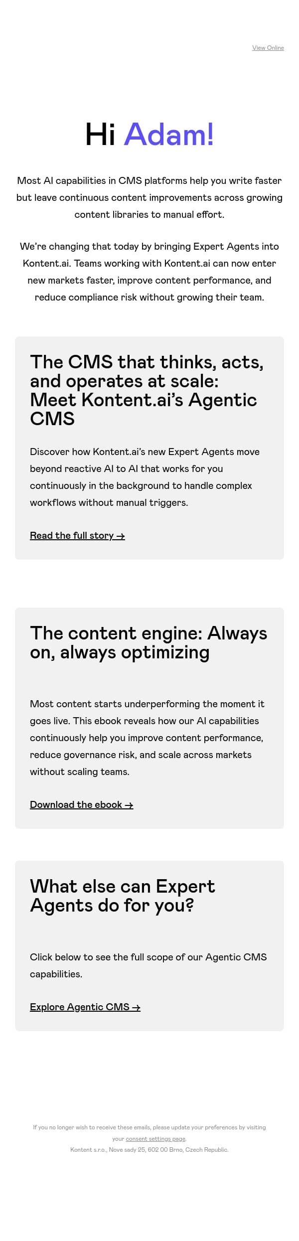 Word’s first Agentic CMS just got smarter email from Kontent.ai screenshot