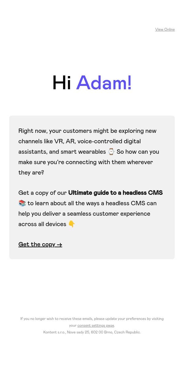 Why your website needs a headless CMS to keep up with the latest trends π email from Kontent.ai screenshot