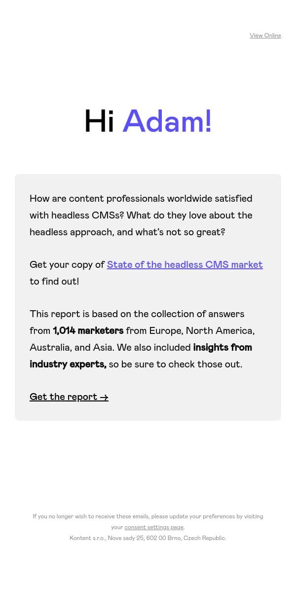 What users from Custom Software & IT Services think about headless CMS đź‘€ email from Kontent.ai screenshot