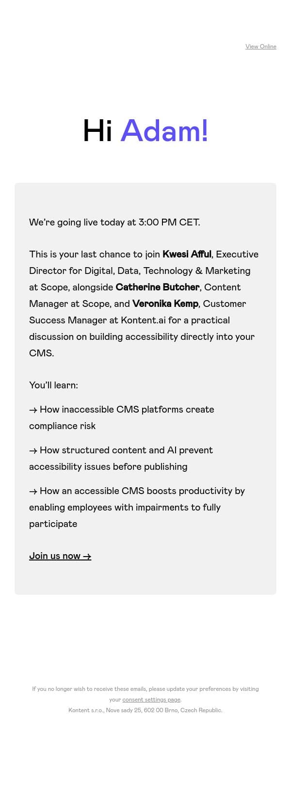 We’re live today: Accessibility built into your CMS email from Kontent.ai screenshot