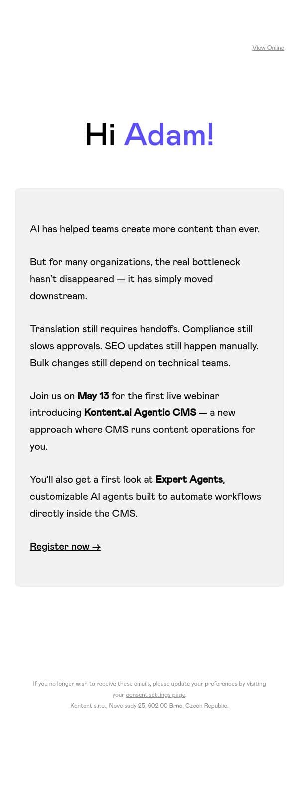 Join us for the first live webinar introducing Kontent.ai Agentic CMS email from Kontent.ai screenshot