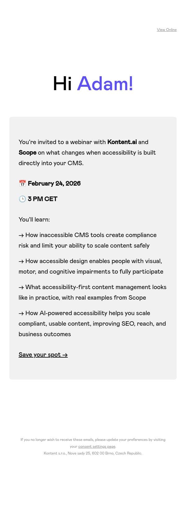 Accessibility in your CMS: Less risk, more impact email from Kontent.ai screenshot