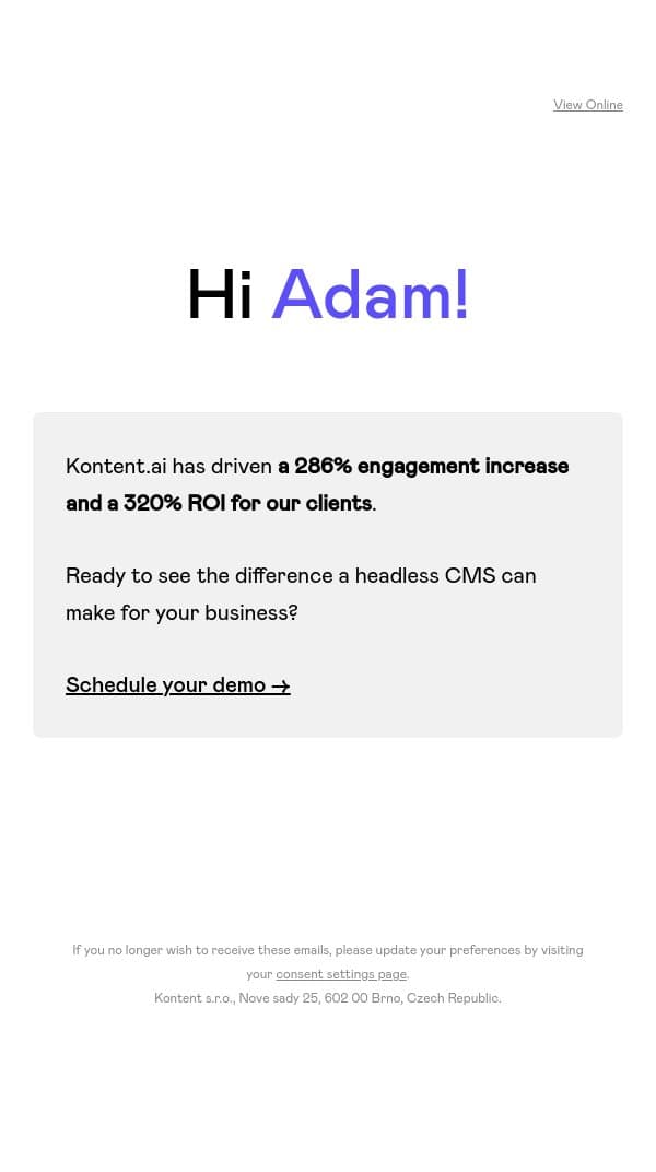Which CMS is the best fit for MigmaAI? email from Kontent.ai screenshot