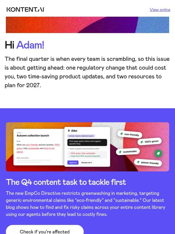 One Q4 content task that can't wait email from Kontent.ai