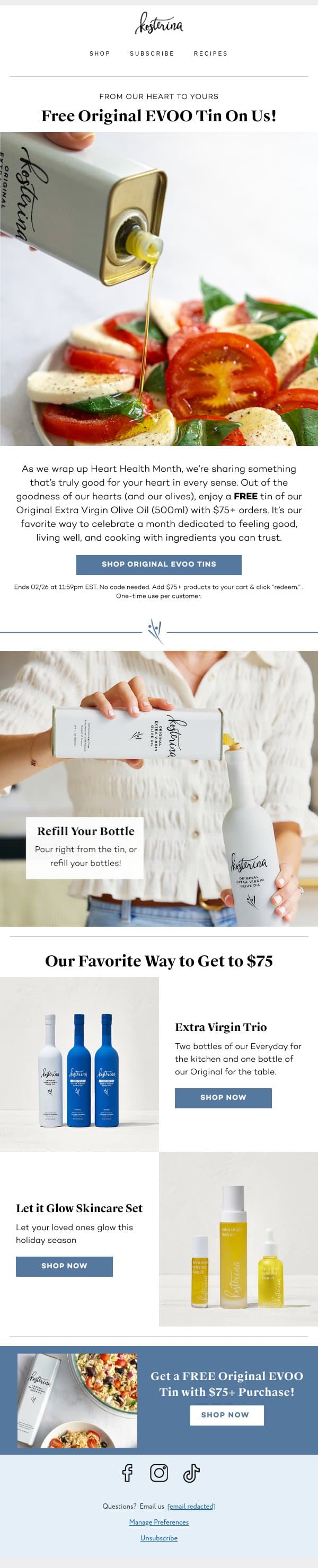 Free EVOO Tin with $75+ Purchase email from Kosterina screenshot