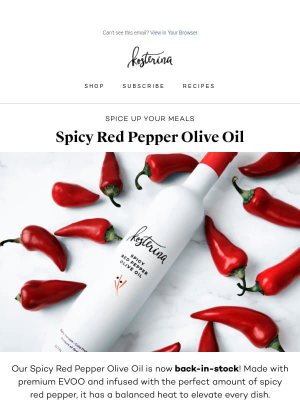 🌶️ BACK IN STOCK: Spicy Red Pepper Olive Oil email from Kosterina
