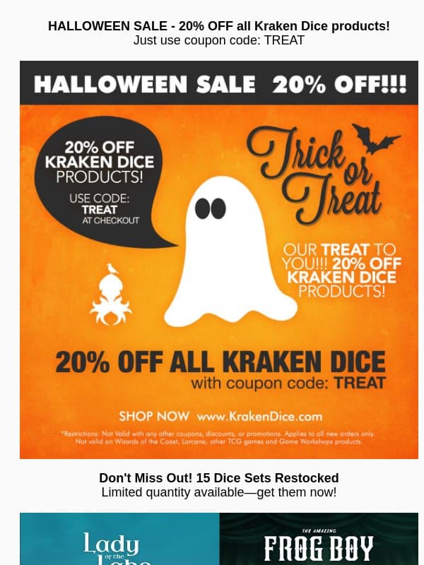 🎃 20% OFF Kraken Dice for Halloween! 🕸️ email from Kraken Dice
