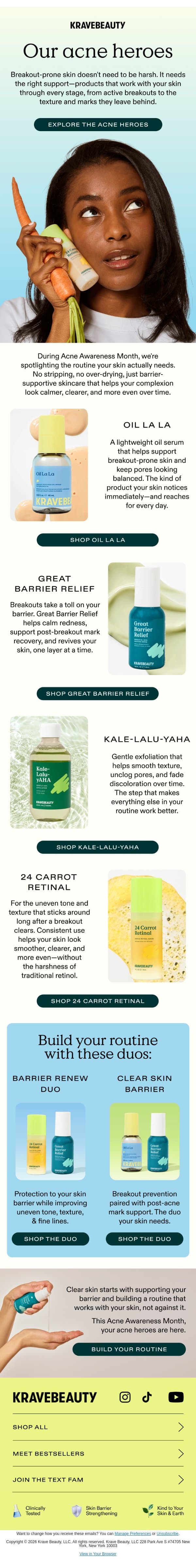 Meet your acne heroes đź’š email from KraveBeauty screenshot