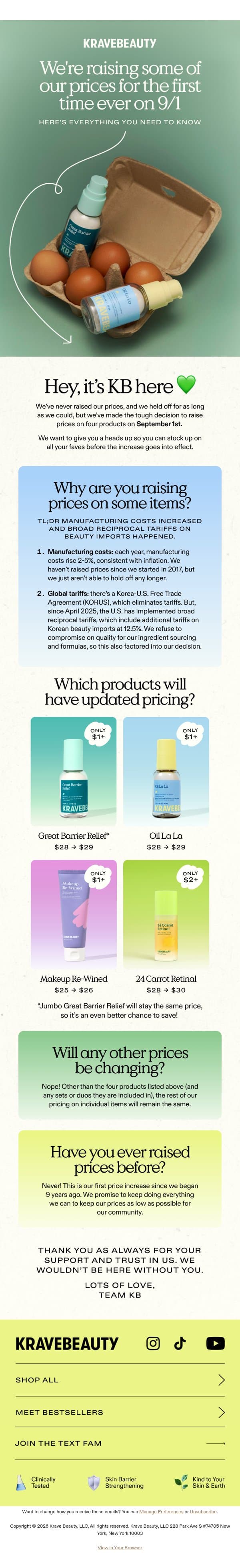 A note on pricing increases email from KraveBeauty screenshot