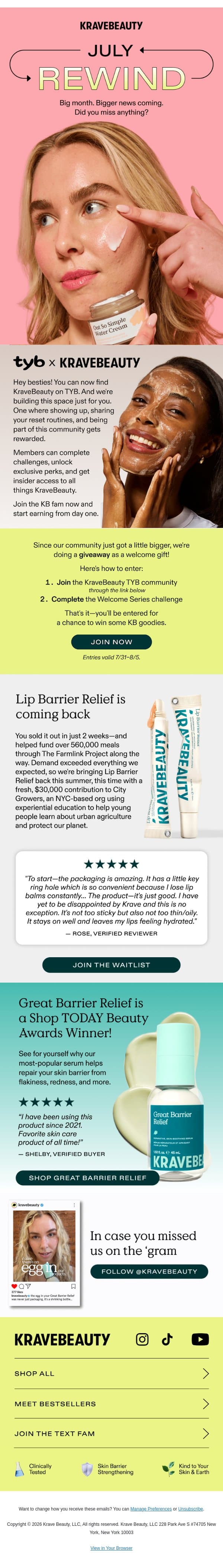 We're on TYB! Here's what else you missed in July email from KraveBeauty screenshot