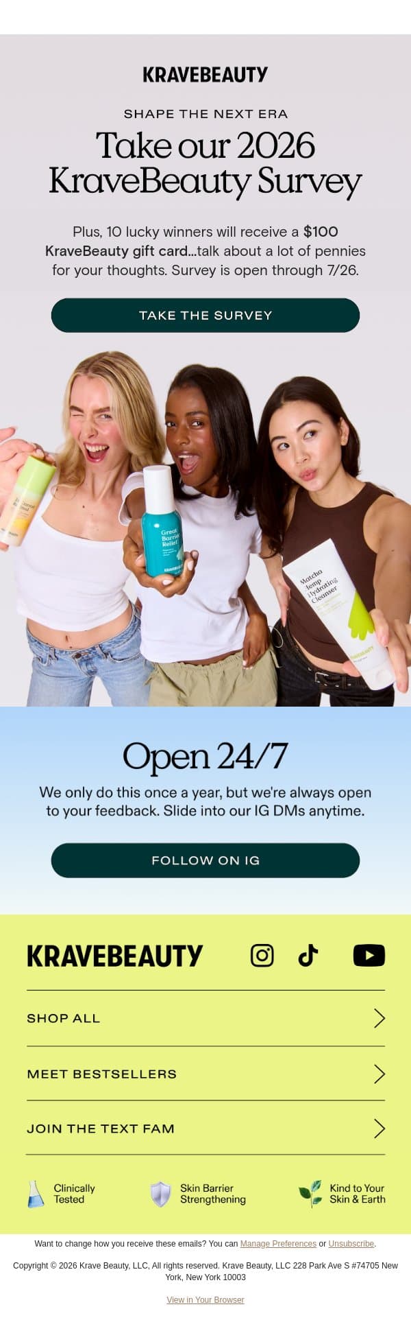 Win a $100 KraveBeauty gift card email from KraveBeauty screenshot