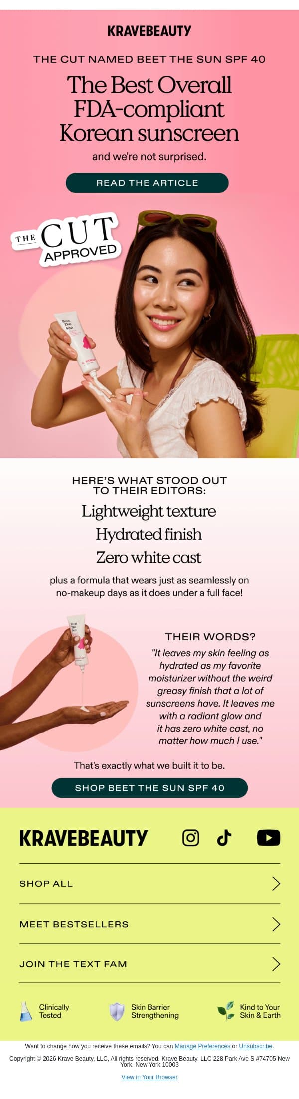 The Cut named it Best Overall Korean Sunscreen ☀️ email from KraveBeauty screenshot
