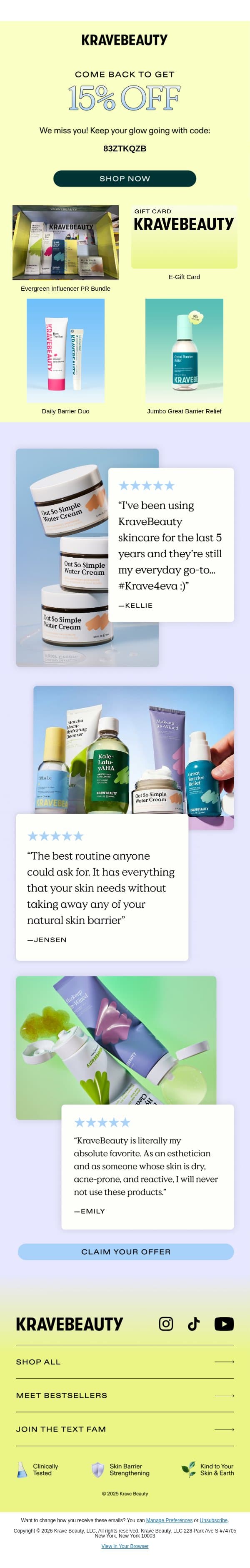 Come Back to Get 15% OFF email from KraveBeauty screenshot