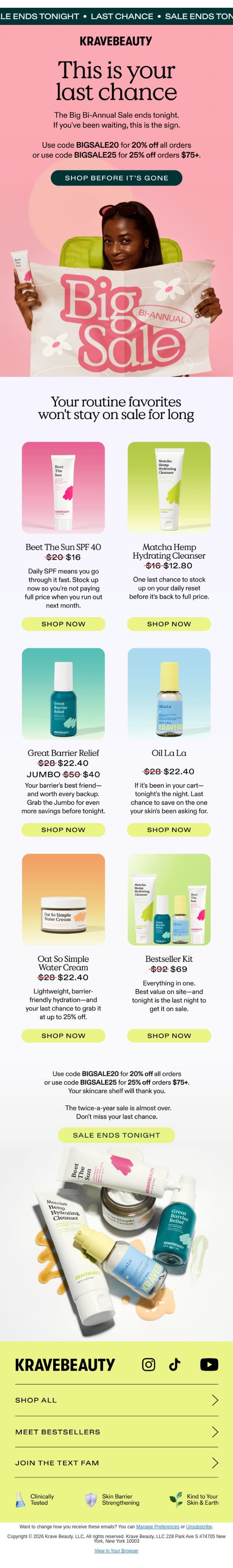 Last call for up to 25% off sitewide π email from KraveBeauty screenshot