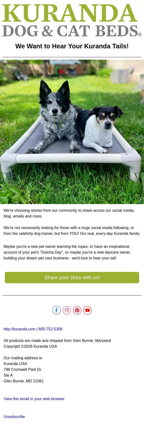 We want to hear your Kuranda Tail! email from Kuranda USA screenshot