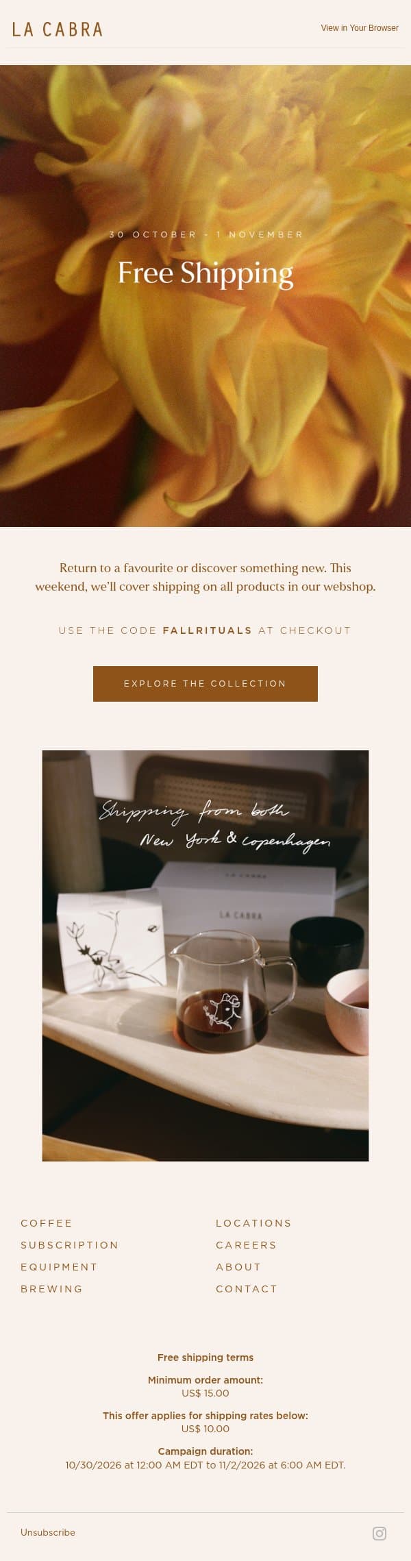 A weekend on us email from La Cabra Coffee Roasters screenshot