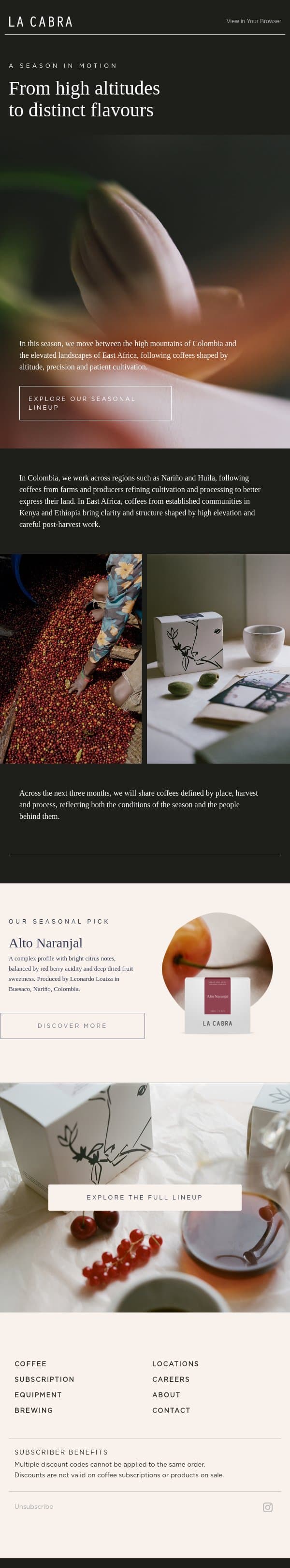 Explore Our New Seasonal Lineup email from La Cabra Coffee Roasters screenshot