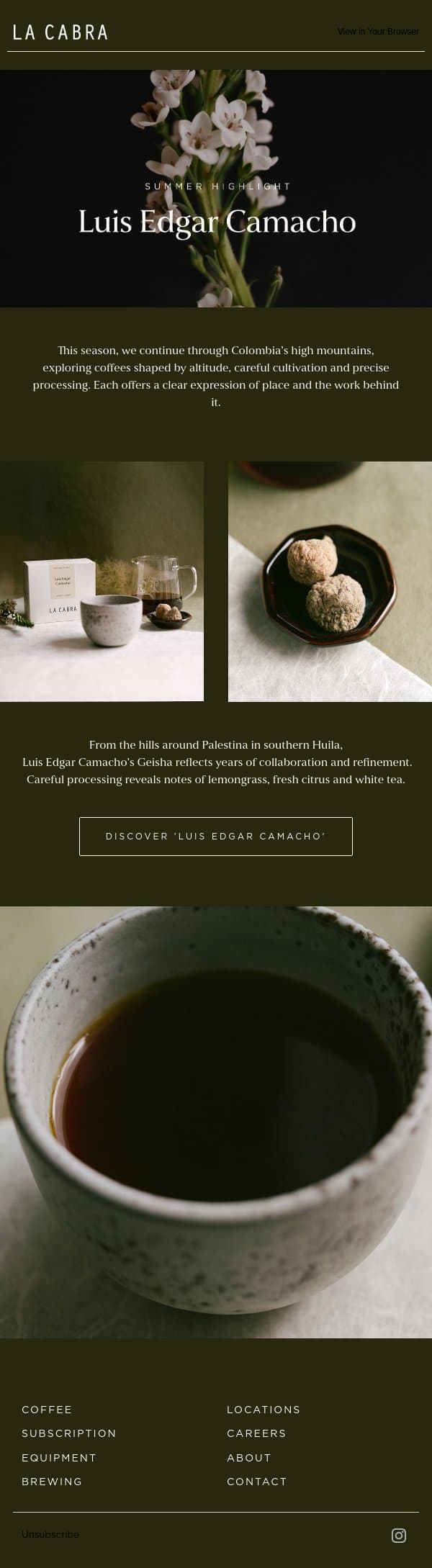 New Highlight coffees in the lineup email from La Cabra Coffee Roasters screenshot