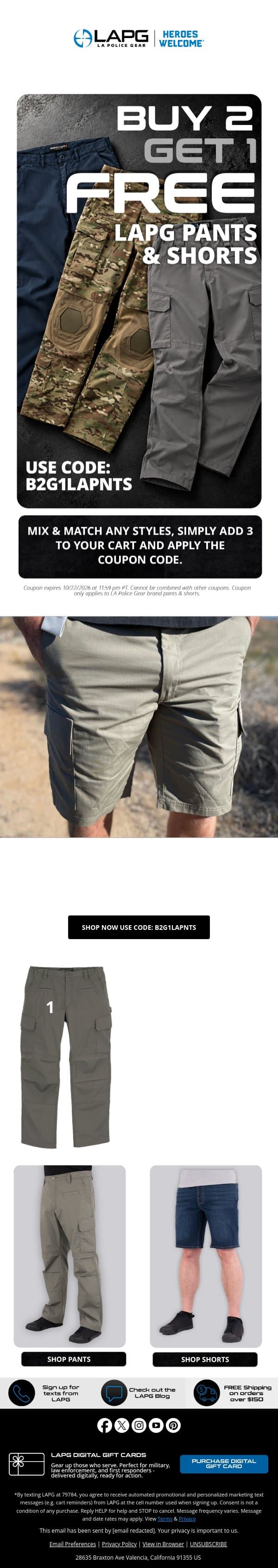 Buy 2, Get 1 Free - LAPG Pants! email from LA Police Gear screenshot