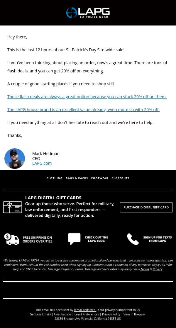 Final Hours Countdown for 20% Off. email from LA Police Gear screenshot