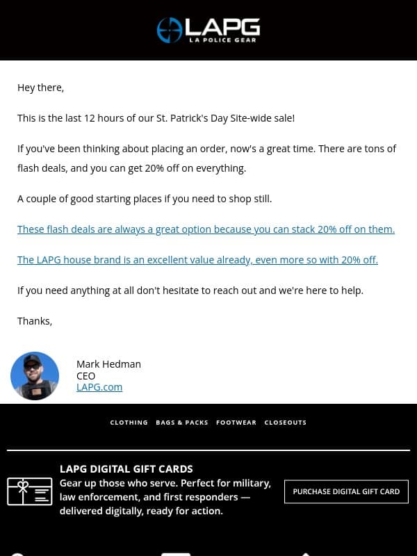 Final Hours Countdown for 20% Off. email from LA Police Gear