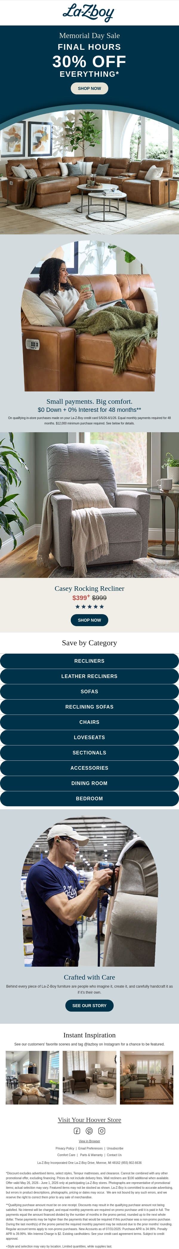 FINAL HOURS of Memorial Day Deals email from La-Z-Boy screenshot