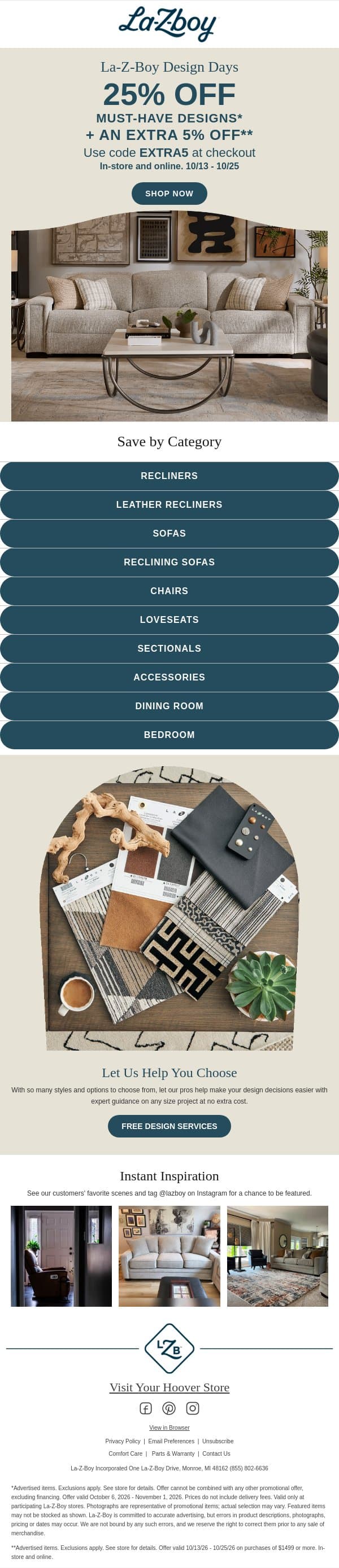 Extra Savings Code Inside! email from La-Z-Boy screenshot