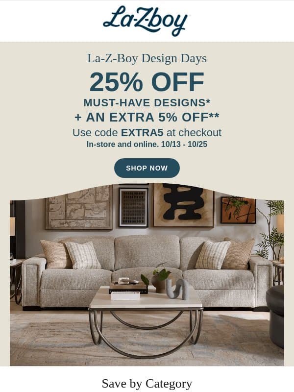 Extra Savings Code Inside! email from La-Z-Boy