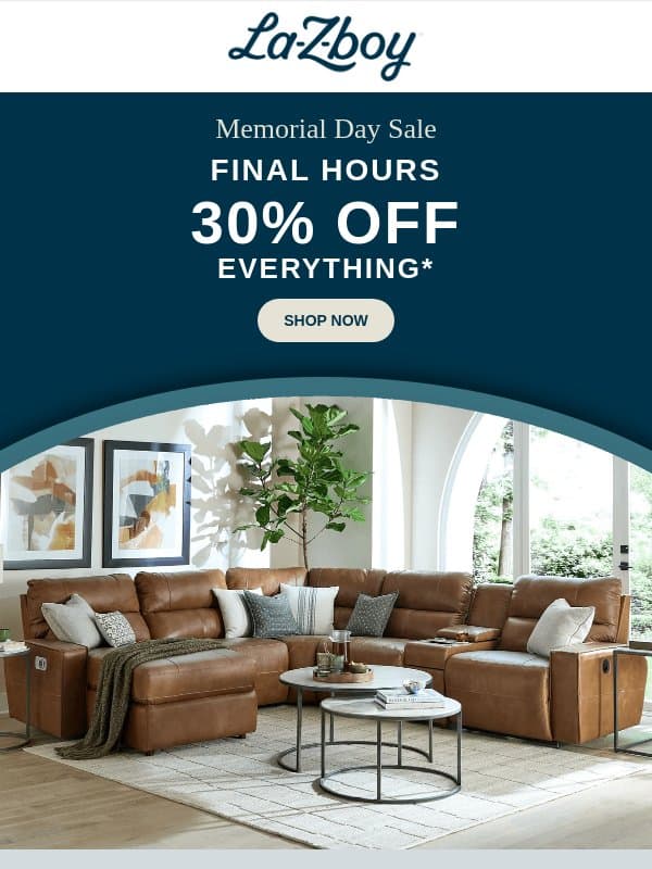 FINAL HOURS of Memorial Day Deals email from La-Z-Boy
