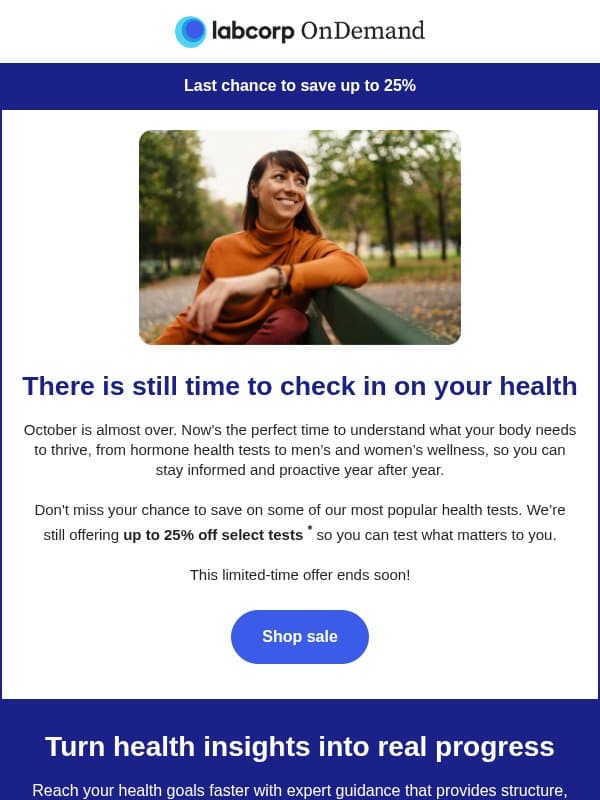 Last chance to save up to 25% this October email from Labcorp OnDemand