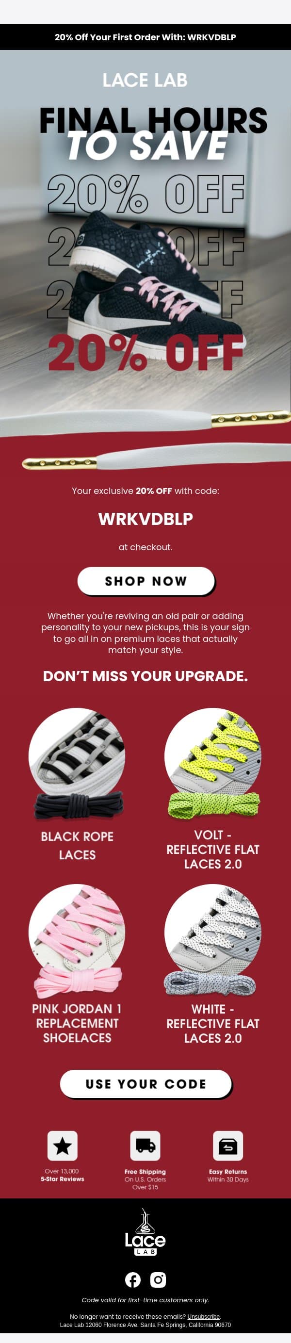 Your 20% off code expires soon. email from Lace Lab screenshot