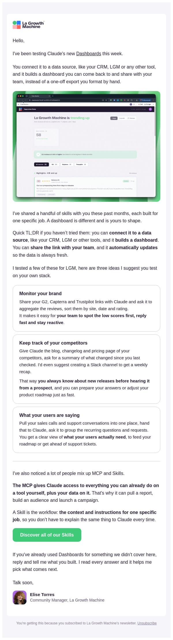 Claude just launched Dashboards email from LaGrowthMachine screenshot