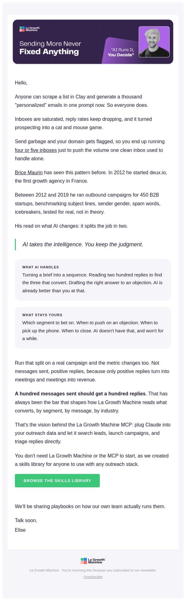 Judgment beats volume email from LaGrowthMachine screenshot