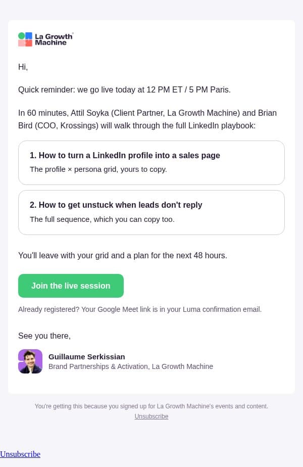 We're live in 3 hours email from LaGrowthMachine screenshot
