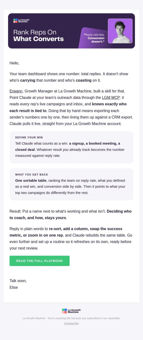 Who's actually converting? email from LaGrowthMachine screenshot