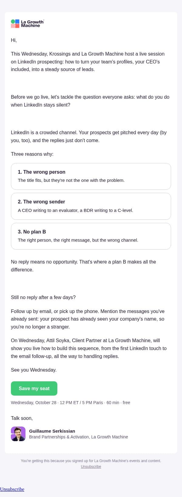 What to do when LinkedIn stays silent email from LaGrowthMachine screenshot