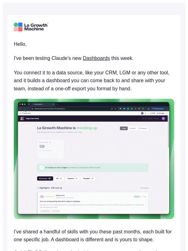Claude just launched Dashboards email from LaGrowthMachine
